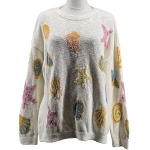 Woolovers Sweater Pullover Womens L White Cotton Open-Knit Crew Neck Oversized